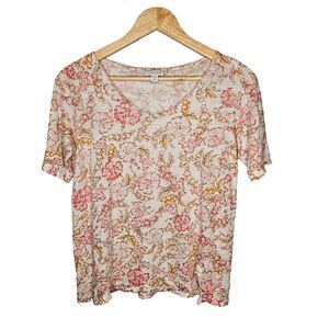 J JILL LOVE LINEN Floral Top XS 100% Linen Tee Shirt Short Sleeve Front Slit